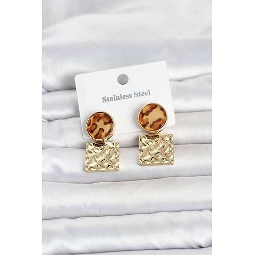 316L �elik Gold Renk Leopar Desenli Plaka Model Kad�n K�pe