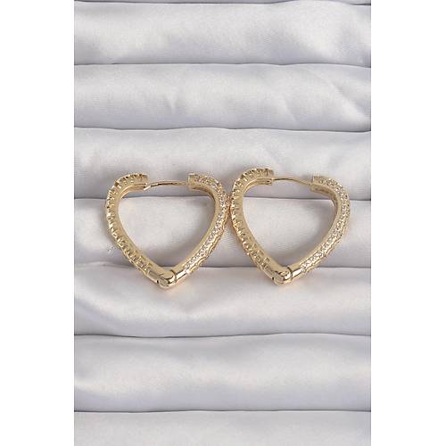Pirin� Gold Renk Zirkon Ta�l� Motifli Kalp K�pe