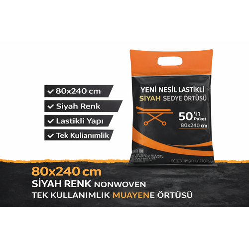 Yeni Nesil Lastikli Siyah Sedye �rt�s� 50�li 1 Paket 80x240 cm Nonwoven Tek Kullan�ml�k Muayene �rt�s�