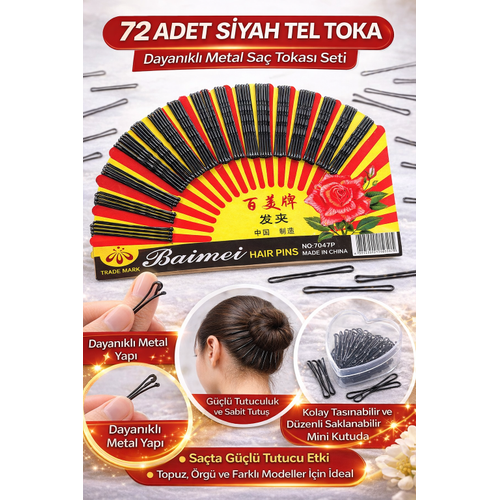 72 Adet Siyah Tel Toka Sa� Tokas� � Dayan�kl� Metal Sa� Teli Toka Seti