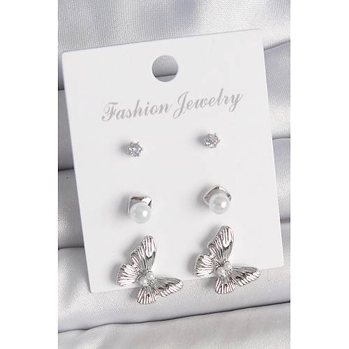 Pirin� G�m�� Renk Zirkon Ta�l� �nci Detayl� Kelebek Model 3 �ift Kad�n K�pe Seti