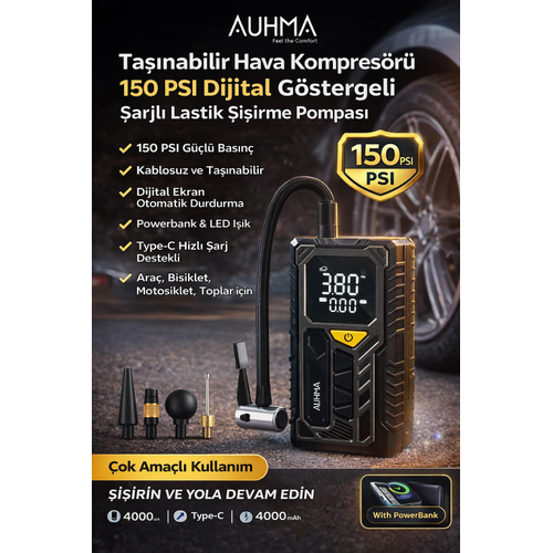 AUHMA A7777 Ta��nabilir Hava Kompres�r� 150 PSI Dijital G�stergeli �arjl� Lastik �i�irme Pompas�