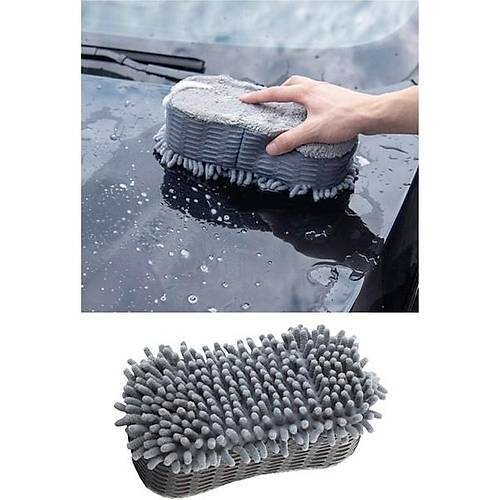 �ift Tarafl� Mikrofiber ��nil T�yl� Araba Oto Y�kama Kurulama Temizlik S�ngeri 23x12x6cm Gri