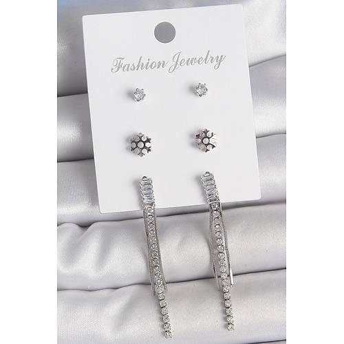 Pirin� Gold Renk Zirkon Ta�l� Sallant�l� �i�ek Detay 3 �fit Kad�n K�pe Seti