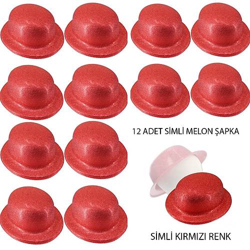 K�rm�z� Renk Simli Melon Yuvarlak Parti �apkas� 12 Adet