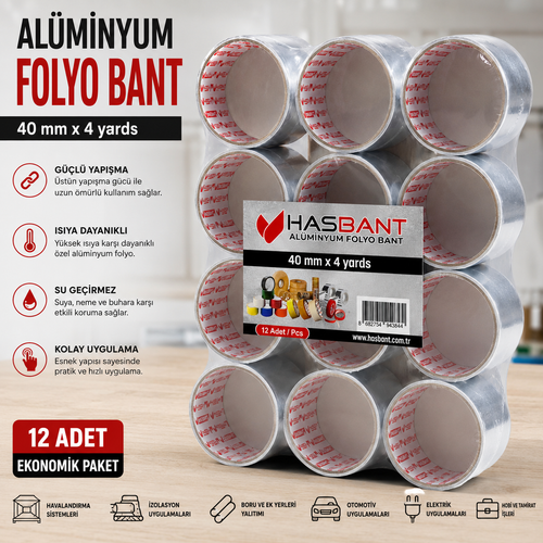Al�minyum Folyo Bant 40 MM x 4 Yard 12�li Paket | Is�ya Dayan�kl� G��l� Yap��kanl� �zolasyon Band�