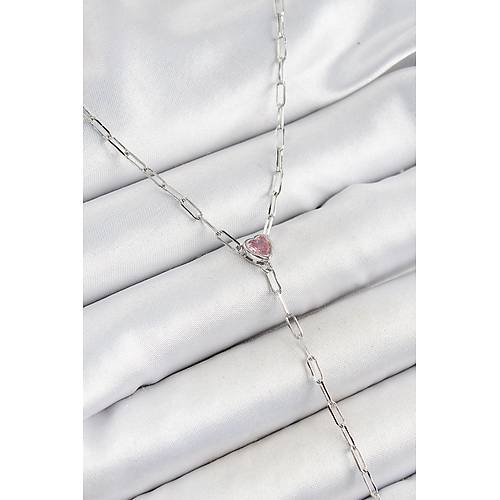 Pirin� Zirkon Ta�l� Pembe Kalp Fig�rl� Y Model G�m�� Renk Kad�n Kolye