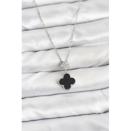 316L �elik Zincir G�m�� Renk Yonca Model Zirkon Ta�l� Kad�n Kolye