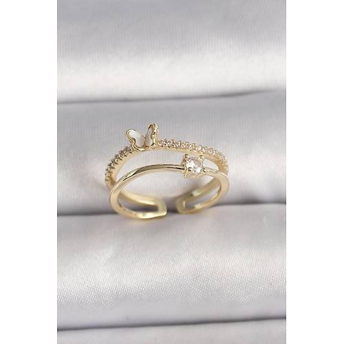 Pirin� Gold Renk Zirkon Ta� Detayl� Kelebek Fig�r Ayarlanabilir Y�z�k
