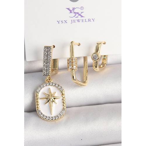 Pirin� Gold Renk Sallant� Zirkon Ta� ��lmeli Y�ld�z Portre Model 3'L� Kad�n Kombin K�pe