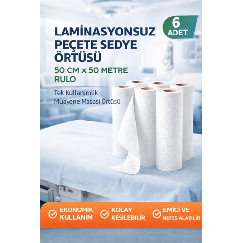Laminasyonsuz Pe�ete Sedye �rt�s� 50 cm x 50 Metre Rulo Tek Kullan�ml�k Muayene Masas� �rt�s� 6 Adet