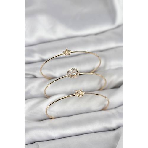 Zirkon Ta�l� Gold Renk Tek Ta� Model 3'l� Kad�n Bileklik Kombini