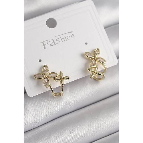 Pirin� Gold Renk Zirkon Ta�l� 2'Li �i�ek Model Kad�n K�pe