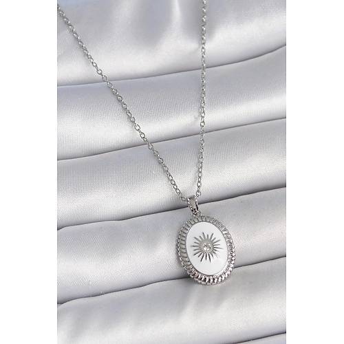 316L �elik G�m�� Renk Beyaz Mineli G�ne� ��lemeli Nazar Boncuk Detay Madalyon Model Kad�n Kolye