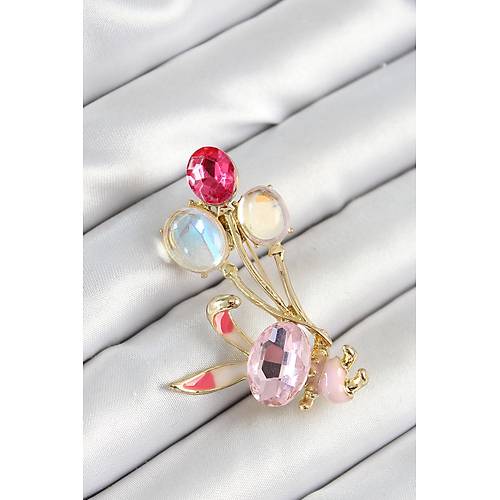 Zirkon Ta�l�  Balonlu Pembe Tav�an Fig�rl� Gold Renk Kad�n Bro�