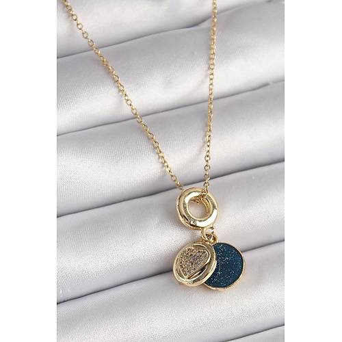 316L �elik Gold Renk Zincir Zirkon Ta�l� Kalp Model Mavi Simli Kad�n Kolye