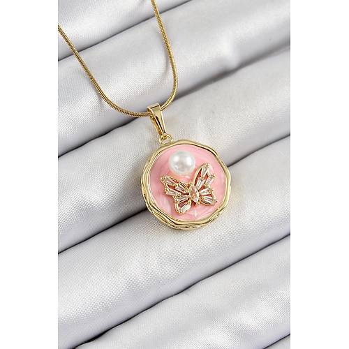 316L �elik Zincir Zirkon Ta�l� Pembe Sanatsal Portre �nci Detayl� Kelebek Model Gold Renk Kad�n Kolye