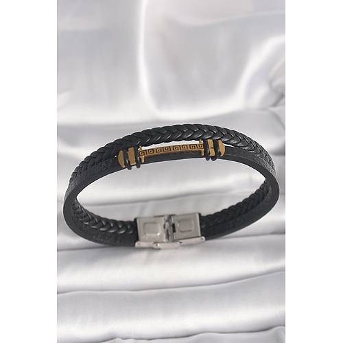 316L �elik Gold Renk ZikZak ��lemeli Aksesuarl� �ift S�ra Burgu Desenli Deri Kordon Erkek Bileklik