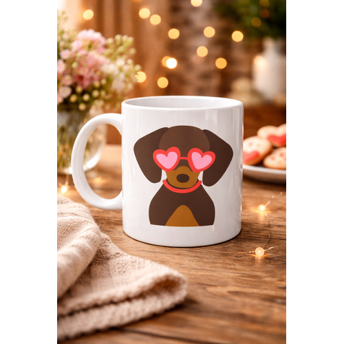 Sevimli Dachshund (Sosis K�pek) Desenli Porselen Kupa Model 47 � Kalpli G�zl�kl� K�pek Fig�rl�, Hediye Kupas�