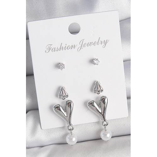 Pirin� G�m�� Renk Zirkon Ta�l� Sallant�l� Kalp Model 3 �ift Kad�n K�pe Seti