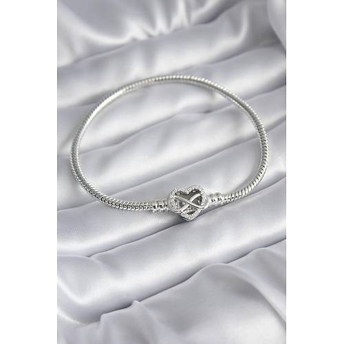 Pirin� G�m�� Renk Zirkon Ta�l� Kalp Sonsuzluk Model Charm Kad�n Bileklik