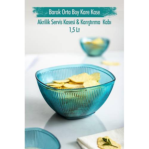 Akrilik Barok Aquamarin Orta Boy Kare Meyve & Salata Kasesi & Kar��t�rma Kab� / 1,5 Lt (CAM DE��LD�R)