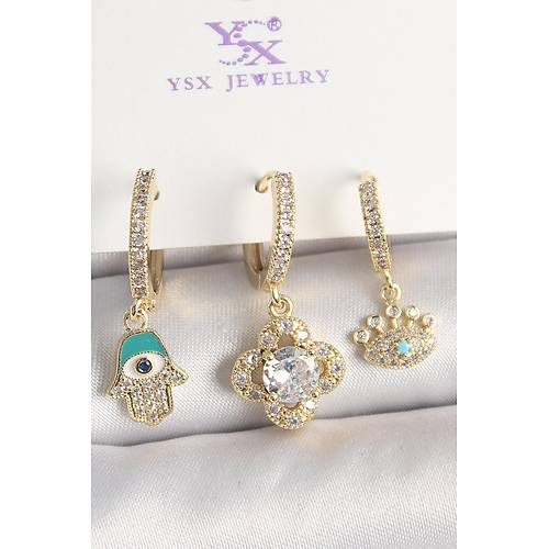 Pirin� Gold Renk Zirkon Ta�l� Fatma Ana El Yonca Fig�r G�z Detay 3'L� Kad�n Kombin K�pe