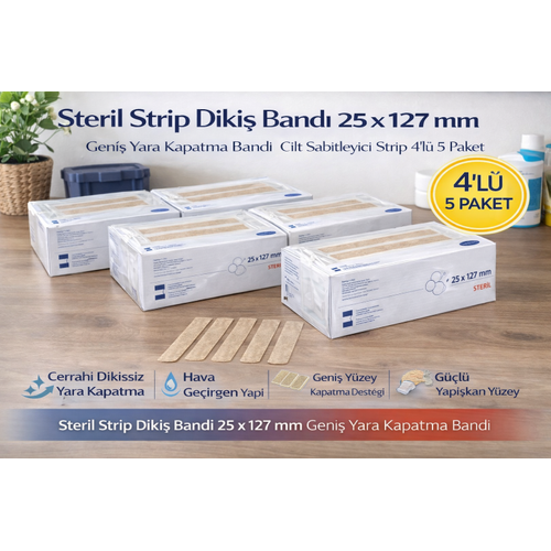 Steril Strip Diki� Band� 25 x 127 mm Geni� Yara Kapatma Band� Cilt Sabitleyici Strip 4�l� 5 Paket