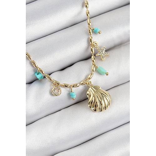 Pirin� Zirkon Ta�l� Deniz Kabu�u Model Gold Renk Kad�n Kolye