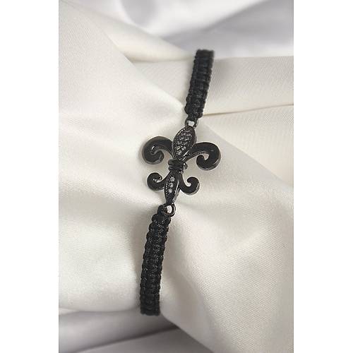 Pirin� Siyah Renk Zirkon Ta� ��lemeli Zambak Fig�r Asans�rl� Makrome Model Kad�n Bileklik