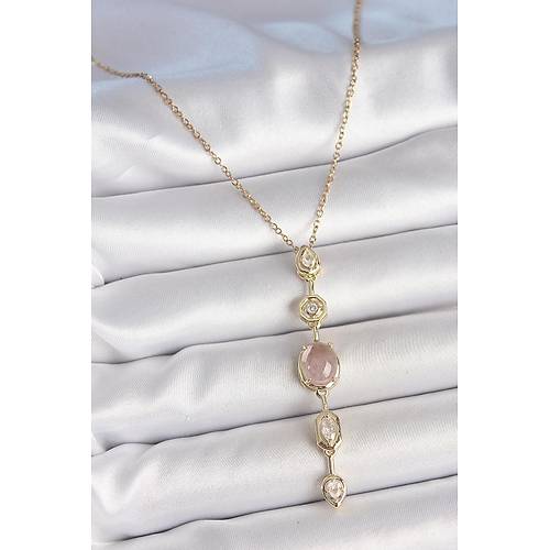 316L �elik Zincir Gold Renk Pembe Zirkon Ta�l� Y Kolye