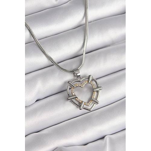 316L �elik G�m�� Renk �talyan Zincir Mix Renk Zirkon Ta� Detay Kalp Model Kad�n Kolye