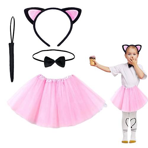 Pembe Renk Etekli Kedi Kost�m Seti (T�t�, Ta�, Papyon, Kuyruk)