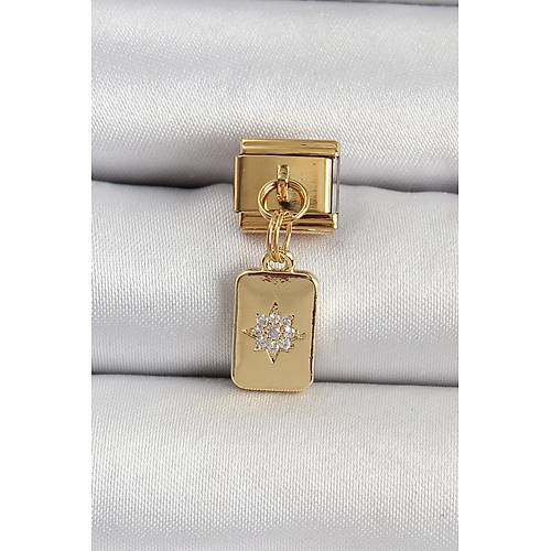 316L �elik Sallant�l� Zirkon Ta�l� Kutup Y�ld�z� Fig�rl� Dikd�rtgen Model Gold Renk Nomination Charm