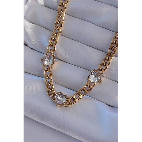 316L �elik Gold Renk Zirkon Ta�l� Kalp Model Zincir Kolye