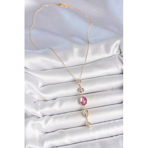 Pirin� Zincir Gold Renk Pembe Zirkon Ta�l� Y Kolye