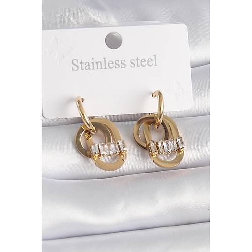 316L �elik Gold Renk Zirkon Ta�l� Halka Model Kad�n K�pe