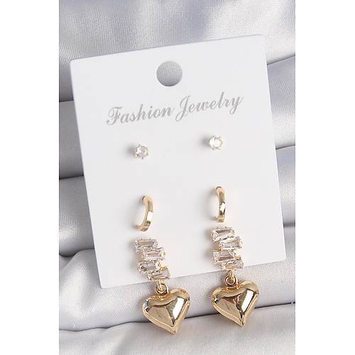 Pirin� Gold Renk Zirkon Ta�l� Sallant�l� Kalp Model Yar�m Halka Detay 3 �ift Kad�n K�pe Seti