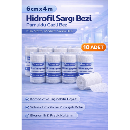6 cm x 4 m Hidrofil Sarg� Bezi Pamuklu Gazl� Bez K�sa Metraj Medikal Sar�m Bezi 10 Adet