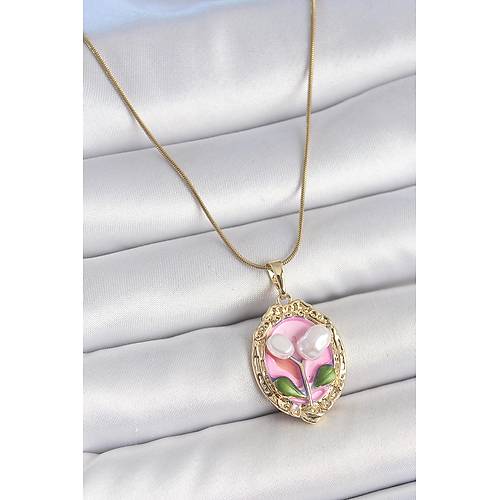 316L �elik Gold Renk Zincir Pembe Mineli �ncili �i�ek ��lemeli Portre Model Kad�n Kolye
