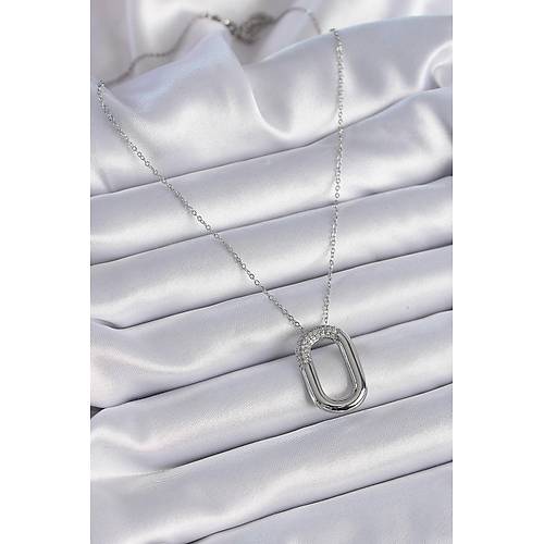 316L �elik Zincir G�m�� Renk Zirkon Ta�l� Oval Halka Model Kad�n Kolye