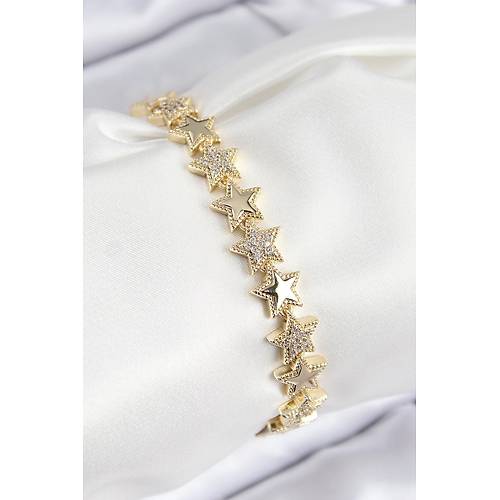 VIP Pirin� Zirkon Ta�l� Y�ld�z Model Gold Renk Kad�n Bileklik