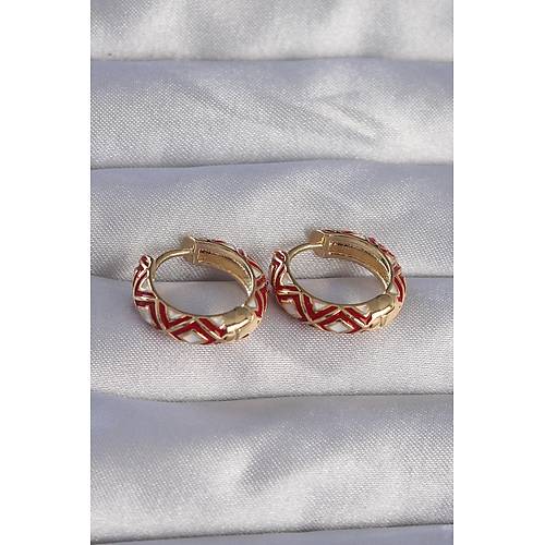 Pirin� Gold Renk K�rm�z� Etnik Desenli Halka K�pe