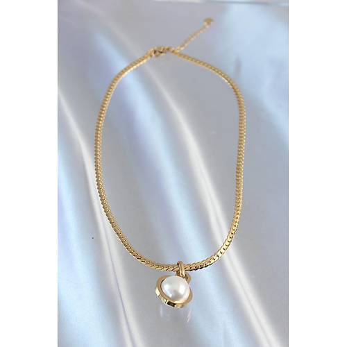 316L �elik Gold Renk Yass� Zincir �nci Ta�l� Kolye