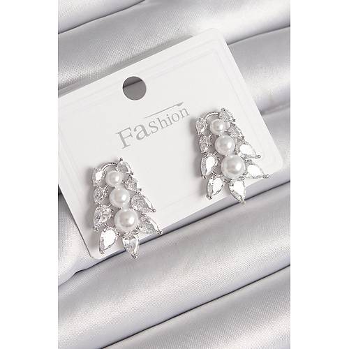 Pirin� G�m�� Renk Zirkon Ta�l� Yaprak Model �nci Detay Kad�n K�pe