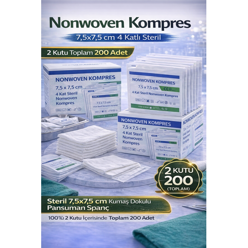 Nonwoven Kompres 7,5x7,5 cm 4 Katl� Steril 100 ADET Kuma� Dokulu Pansuman Span� 2 KUTU