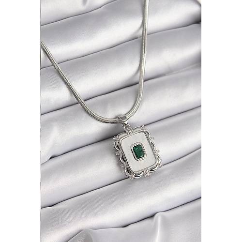 316L �elik G�m�� Renk �talyan Zincir Beyaz Sedefli Kare Portre Model Z�mr�t Ta� Detay Kad�n Kolye