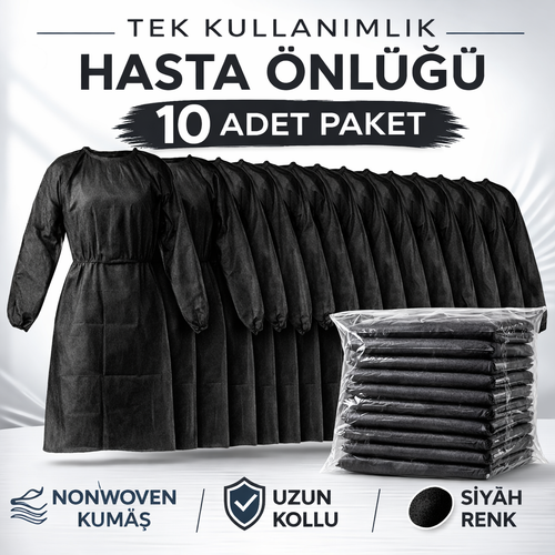 Tek Kullan�ml�k Hasta �nl��� 10 Adet Nonwoven Kuma� Uzun Kollu Standart Beden Siyah