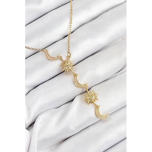 316L �elik Zirkon Ta�l� G�ne� Ve Ay Model Gold Renk Kad�n Kolye