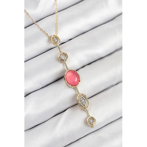 Pirin� Zincir Pembe Gold Renk Zirkon Ta�l� Y Kolye